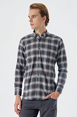 Mavi Uzun Kollu Ekoseli Bez Ayağı Düğmeli Yaka Cepli Pamuklu Comfort Fit Gömlek 1004235173