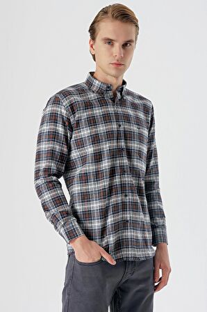 Mavi Uzun Kollu Ekoseli Bez Ayağı Düğmeli Yaka Cepli Pamuklu Comfort Fit Gömlek 1004235173