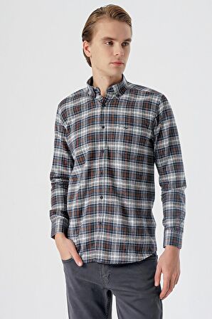 Mavi Uzun Kollu Ekoseli Bez Ayağı Düğmeli Yaka Cepli Pamuklu Comfort Fit Gömlek 1004235173