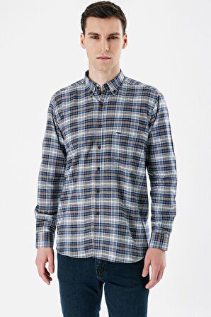 Saks Uzun Kollu Ekoseli Bez Ayağı Düğmeli Yaka Cepli Pamuklu Comfort Fit Gömlek 1004235173