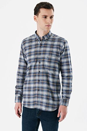 Saks Uzun Kollu Ekoseli Bez Ayağı Düğmeli Yaka Cepli Pamuklu Comfort Fit Gömlek 1004235173