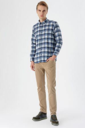 Vizon Uzun Kollu Ekoseli Bez Ayağı Düğmeli Yaka Cepli Pamuklu Comfort Fit Gömlek 1004235173