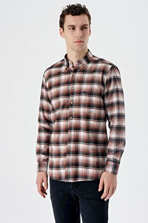 Koyu Haki Uzun Kollu Ekoseli Bez Ayağı Düğmeli Yaka Cepli Pamuklu Comfort Fit Gömlek 1004235173