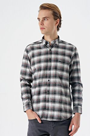 Vişne Uzun Kollu Ekoseli Bez Ayağı Düğmeli Yaka Cepli Pamuklu Comfort Fit Gömlek 1004235173