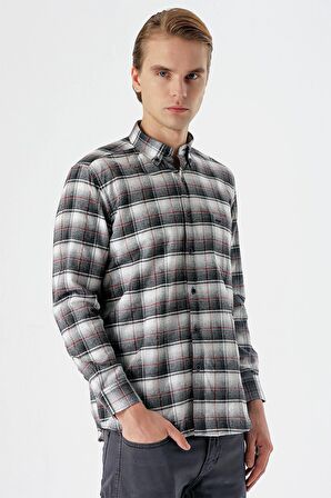 Vişne Uzun Kollu Ekoseli Bez Ayağı Düğmeli Yaka Cepli Pamuklu Comfort Fit Gömlek 1004235173