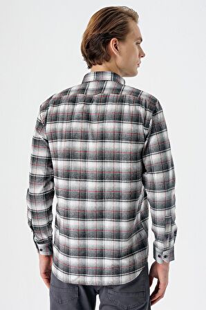 Vişne Uzun Kollu Ekoseli Bez Ayağı Düğmeli Yaka Cepli Pamuklu Comfort Fit Gömlek 1004235173