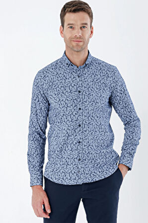 Koyu Lacivert Uzun Kollu Baskılı Bez Ayağı Cepsiz Pamuklu Likralı Klasik Slim Fit Gömlek 1004235208