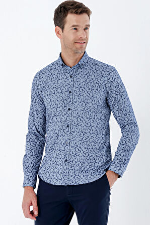 Koyu Lacivert Uzun Kollu Baskılı Bez Ayağı Cepsiz Pamuklu Likralı Klasik Slim Fit Gömlek 1004235208