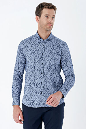 Koyu Lacivert Uzun Kollu Baskılı Bez Ayağı Cepsiz Pamuklu Likralı Klasik Slim Fit Gömlek 1004235208