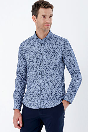 Koyu Lacivert Uzun Kollu Baskılı Bez Ayağı Cepsiz Pamuklu Likralı Klasik Slim Fit Gömlek 1004235208