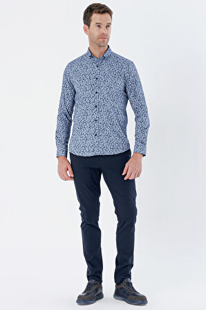 Koyu Lacivert Uzun Kollu Baskılı Bez Ayağı Cepsiz Pamuklu Likralı Klasik Slim Fit Gömlek 1004235208