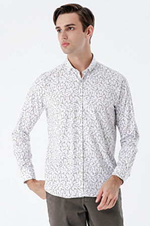 Bej Uzun Kollu Baskılı Bez Ayağı Cepsiz Pamuklu Likralı Klasik Slim Fit Gömlek 1004235208