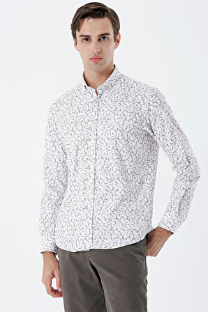Bej Uzun Kollu Baskılı Bez Ayağı Cepsiz Pamuklu Likralı Klasik Slim Fit Gömlek 1004235208