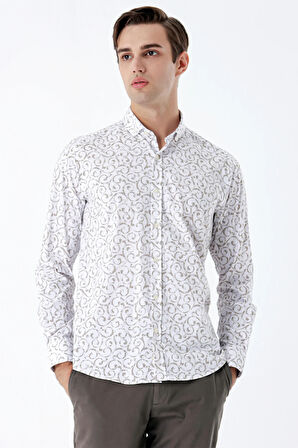 Bej Uzun Kollu Baskılı Bez Ayağı Cepsiz Pamuklu Likralı Klasik Slim Fit Gömlek 1004235208