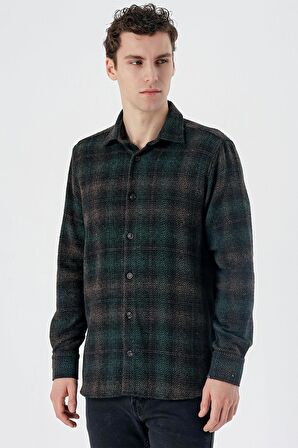 Uzun Kollu Ekoseli Gabardin Yumuşak Yaka Cepsiz  Pamuklu  Comfort Fit Gömlek 1004235216 Koyu Yeşil