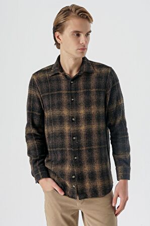 Uzun Kollu Ekoseli Gabardin Yumuşak Yaka Cepsiz  Pamuklu  Comfort Fit Gömlek 1004235216 Sarı