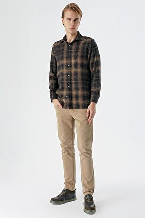 Uzun Kollu Ekoseli Gabardin Yumuşak Yaka Cepsiz  Pamuklu  Comfort Fit Gömlek 1004235216 Sarı