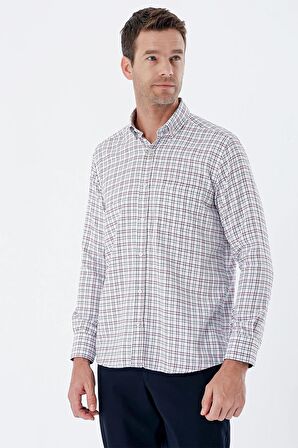 Bordo Uzun Kollu Kareli Düğmeli Yaka Cepli Garnili Pamuklu Klasik Comfort Fit Gömlek 1004235311