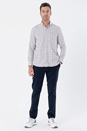 Bordo Uzun Kollu Kareli Düğmeli Yaka Cepli Garnili Pamuklu Klasik Comfort Fit Gömlek 1004235311