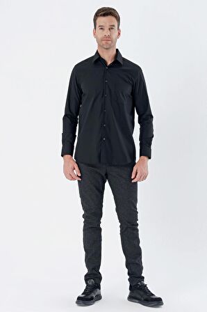 Siyah Uzun Kollu Bez Ayağı Sert Yaka Cepli Pamuklu Comfort Fit Rahat Kesim Gömlek 1004235351