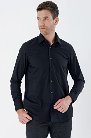 Siyah Uzun Kollu Bez Ayağı Sert Yaka Cepli Pamuklu Comfort Fit Rahat Kesim Gömlek 1004235351