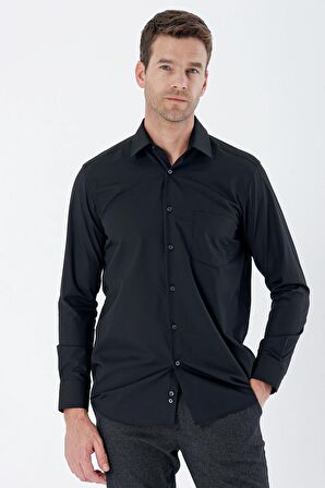 Siyah Uzun Kollu Bez Ayağı Sert Yaka Cepli Pamuklu Comfort Fit Rahat Kesim Gömlek 1004235351