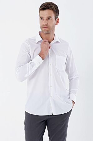 Beyaz Uzun Kollu Bez Ayağı Sert Yaka Cepli Pamuklu Comfort Fit Rahat Kesim Gömlek 1004235351