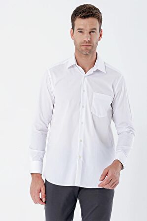 Beyaz Uzun Kollu Bez Ayağı Sert Yaka Cepli Pamuklu Comfort Fit Rahat Kesim Gömlek 1004235351