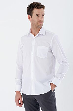 Beyaz Uzun Kollu Bez Ayağı Sert Yaka Cepli Pamuklu Comfort Fit Rahat Kesim Gömlek 1004235351