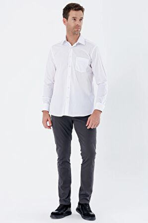 Beyaz Uzun Kollu Bez Ayağı Sert Yaka Cepli Pamuklu Comfort Fit Rahat Kesim Gömlek 1004235351