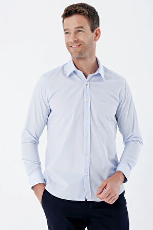 Koyu Mavi Uzun Kollu Bez Ayağı Sert Yaka Cepsiz Pamuklu Basic Slim Fit Dar Kesim Gömlek 1004235357