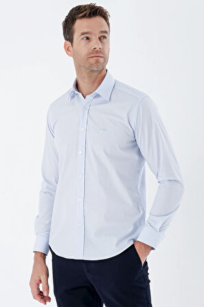 Koyu Mavi Uzun Kollu Bez Ayağı Sert Yaka Cepsiz Pamuklu Basic Slim Fit Dar Kesim Gömlek 1004235357