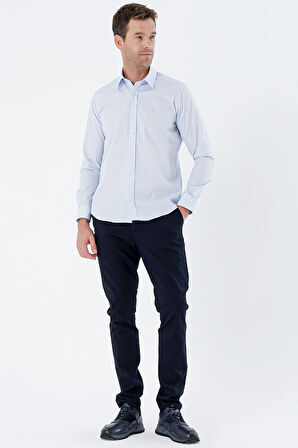 Koyu Mavi Uzun Kollu Bez Ayağı Sert Yaka Cepsiz Pamuklu Basic Slim Fit Dar Kesim Gömlek 1004235357