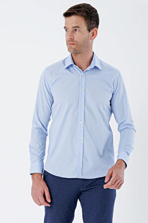 Mavi Uzun Kollu Bez Ayağı Sert Yaka Cepsiz Pamuklu Basic Slim Fit Dar Kesim Gömlek 1004235357