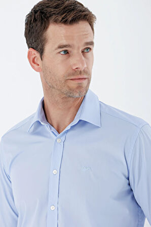 Mavi Uzun Kollu Bez Ayağı Sert Yaka Cepsiz Pamuklu Basic Slim Fit Dar Kesim Gömlek 1004235357