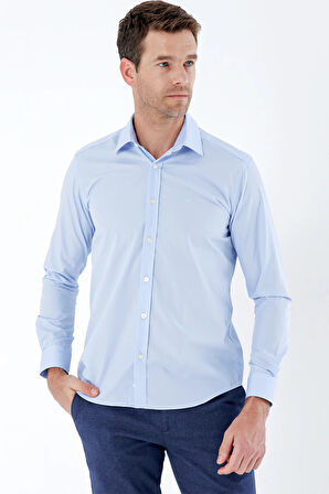 Mavi Uzun Kollu Bez Ayağı Sert Yaka Cepsiz Pamuklu Basic Slim Fit Dar Kesim Gömlek 1004235357