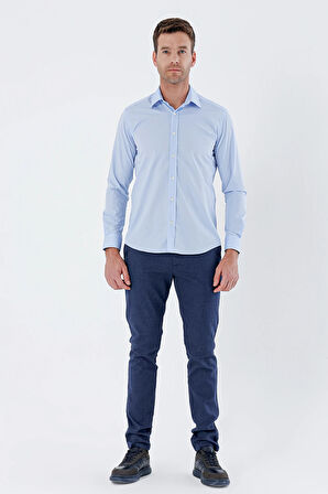 Mavi Uzun Kollu Bez Ayağı Sert Yaka Cepsiz Pamuklu Basic Slim Fit Dar Kesim Gömlek 1004235357