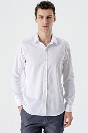 Beyaz Uzun Kollu   Sert Yaka Cepsiz  %100 Pamuk Klasik Slim Fit Dar Kesim Gömlek 1004235424