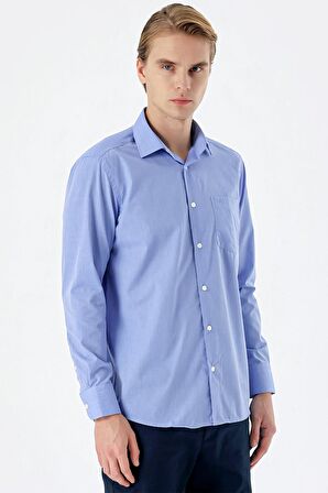Mavi Uzun Kollu Filafil  Sert Yaka Cepli  Pamuklu Basic Comfort Fit Gömlek 1004240002