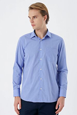 Mavi Uzun Kollu Filafil  Sert Yaka Cepli  Pamuklu Basic Comfort Fit Gömlek 1004240002