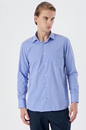 Mavi Uzun Kollu Filafil  Sert Yaka Cepli  Pamuklu Basic Comfort Fit Gömlek 1004240002