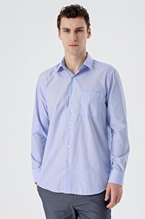 Mavi Uzun Kollu Filafil  Sert Yaka Cepli  Pamuklu Basic Comfort Fit Gömlek 1004240002