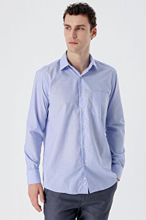 Mavi Uzun Kollu Filafil  Sert Yaka Cepli  Pamuklu Basic Comfort Fit Gömlek 1004240002