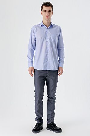 Mavi Uzun Kollu Filafil  Sert Yaka Cepli  Pamuklu Basic Comfort Fit Gömlek 1004240002