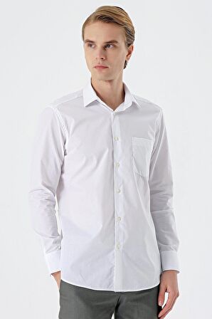 Beyaz Uzun Kollu Filafil  Sert Yaka Cepli  Pamuklu Basic Comfort Fit Gömlek 1004240002