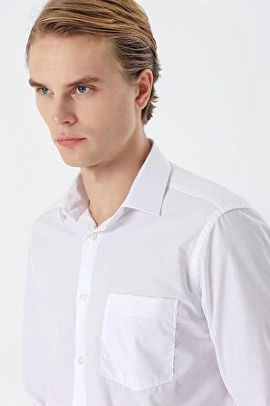 Beyaz Uzun Kollu Filafil  Sert Yaka Cepli  Pamuklu Basic Comfort Fit Gömlek 1004240002
