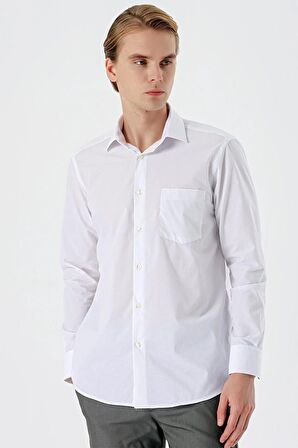 Beyaz Uzun Kollu Filafil  Sert Yaka Cepli  Pamuklu Basic Comfort Fit Gömlek 1004240002