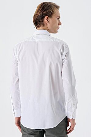 Beyaz Uzun Kollu Filafil  Sert Yaka Cepli  Pamuklu Basic Comfort Fit Gömlek 1004240002