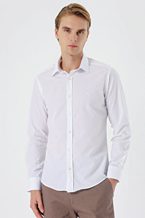Beyaz Uzun Kollu Filafil  Sert Yaka Cepsiz  Pamuklu Basic Slim Fit Dar Kesim Gömlek 1004240008