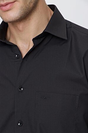 Siyah Uzun Kollu   Sert Yaka Cepli  Pamuklu Basic Comfort Fit Rahat Kesim Gömlek 1004240051